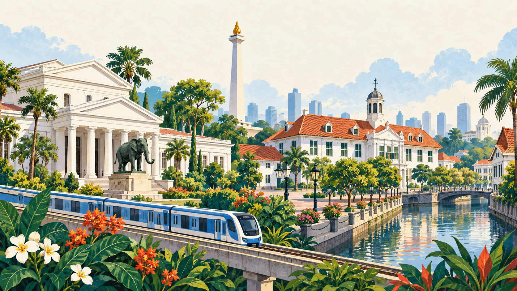 Kolase ilustratif Museum Nasional, Monas, Kota Tua, kanal dan kereta